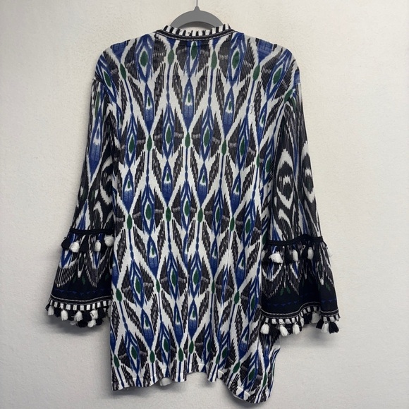 Chico's Ikat Tassel Bell Sleeve Open Cardigan 4 / XXL Black Navy Fringe Tunic - Picture 2 of 7